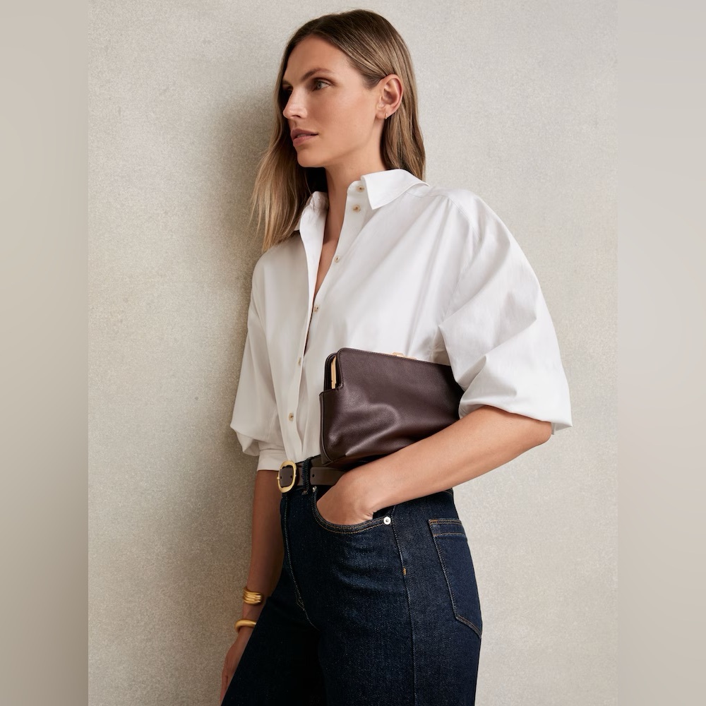 Reiss Gold Chain Bethany
Leather Frame Clutch Bag in Burgundy